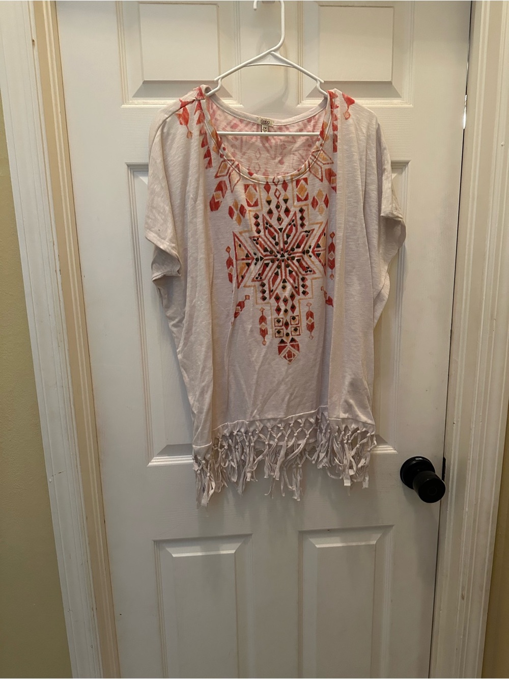 Boho Fringe Embroidered Women’s Top in Cream with Coral Accents